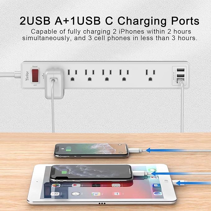 6 Ft Power Strip Surge Protector - Yintar Extension Cord with 6 AC Outlets and 3 USB Ports for Home, Office, Dorm Essentials, 1680 Joules, ETL Listed, White