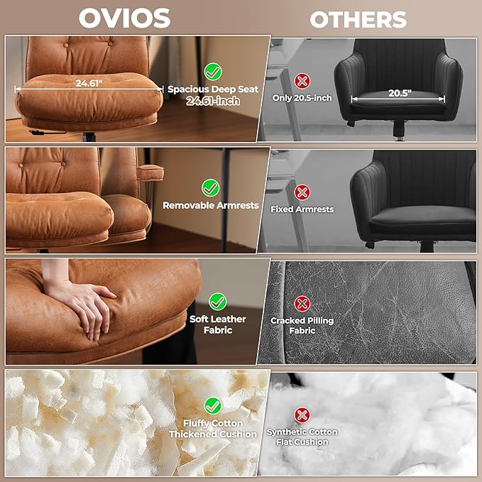 ovios Home Office Chair, Mid-Century Modern Faux PU Leather Chairs with Lumbar Support Comfy Thick Cushion, High Back Ergonomic Swivel Rolling Executive Armchair (Brown, Suede Leather)