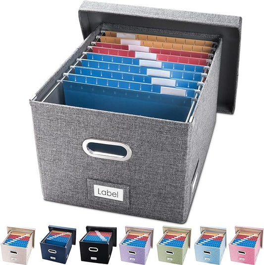 PRANDOM File Organizer Box - Set of 1 Collapsible Decorative Linen Filing Storage Hanging File Folders with Lids Office Cabinet Letter/Legal Size Grey (17x14x11.2 inch)