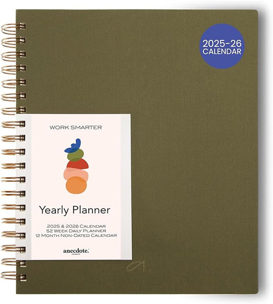 Anecdote Planner 2025 (8.5" x 10") Daily Planner Weekly Monthly Planner - 52 Weeks w/Library Buckram Cover, Brass Spiral - A4 Size Bleed-Resistant Paper – Olive Green