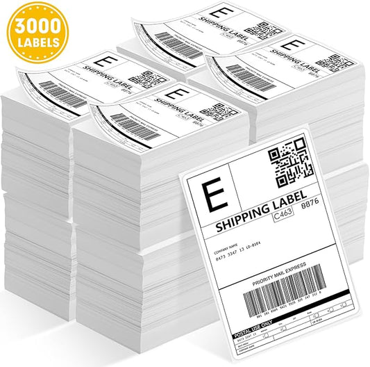 JTIEO 4" x 6" Thermal Labels, 3000 Fanfold Direct Thermal Shipping Labels, Perforated White, Commercial Grade with Permanent Adhesive,Compatible with Most Thermal Printers.