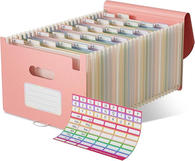 Accordion File Organizer, 26 Pockets Wheat Straw Expanding File Folder, Monthly Bill Receipt Organizer,A-Z Tabs,100% BPA Free,Return to Nature Healthy Living,Letter/A4 Size - Strawberry Pink