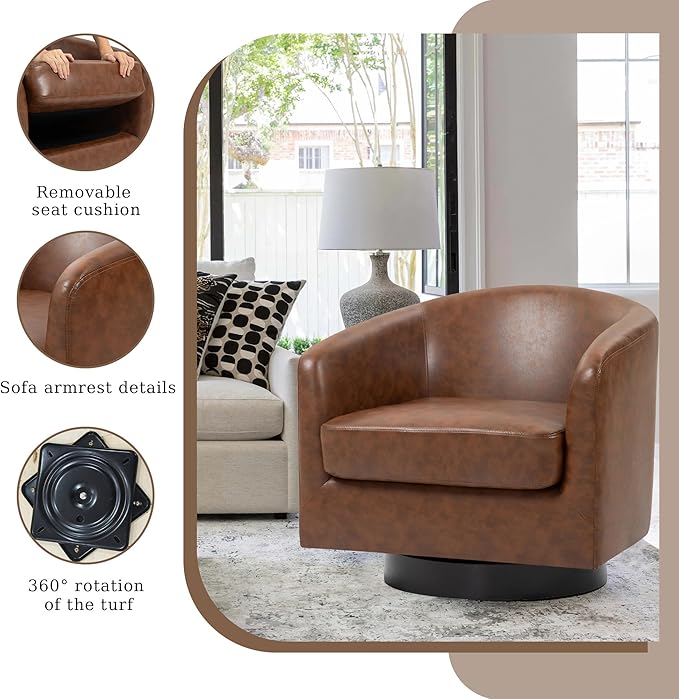UIXE Faux Leather Swivel Accent Chair with Wood Base, Modern Upholstered Barrel Chairs for Living Room, Comfy Round Armchair Single Sofa Bedroom Reading Seat - 31" W, Coffee