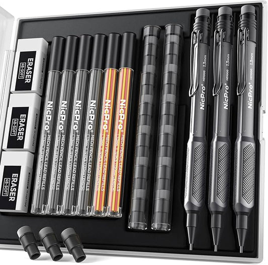 Nicpro 3 Pack Weatherproof Mechanical Pencil Set, 1.3mm Metal Mechanical Pencils, Heavy Duty Pencil for Outdoor All Weather Marking Drafting Drawing with 75 Lead Refills, Erasers, Case (Black, HD1000)