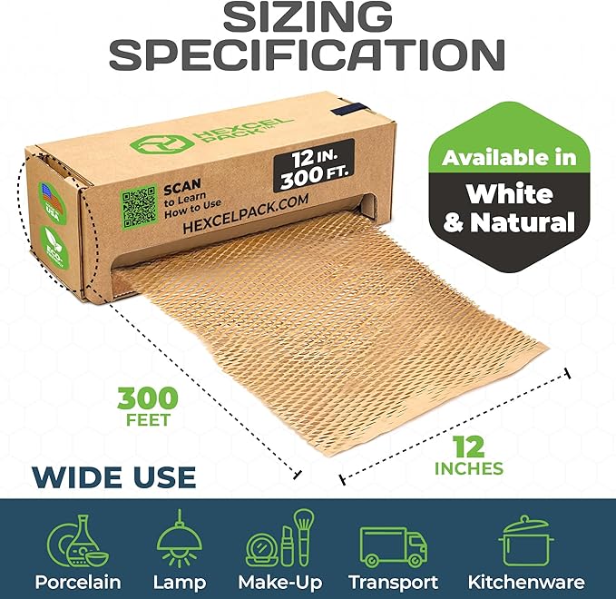 HexcelWrap Mini - Honeycomb Packing Paper, Eco-Friendly, Sustainable Paper Bubble Wrap for Shipping & Moving, Cushioned Packing Material in Dispenser - Natural, Pallet of 112, 12" x 300'
