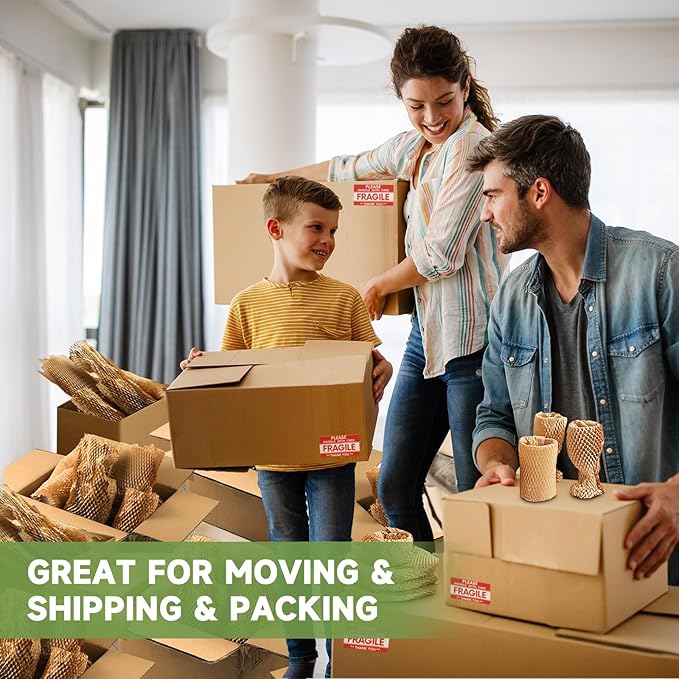 Honeycomb Packing Paper Wrap 15''x20520" (1710 ft), Substitute Alternative for Bubble Cushioning Wrap for Moving Shipping Packaging, Recyclable Moving Supplies with 48 Fragile Sticker Labels