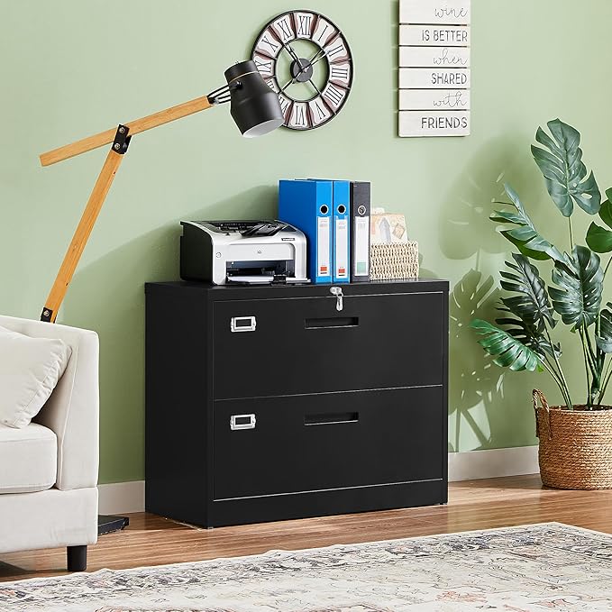 Letaya Metal Lateral File Cabinets with Lock,2 Drawer Steel Wide Filing Organization Storage Cabinets,Home Office Furniture for Hanging Files Letter/Legal/F4/A4 Size (Blcak-2 Drawer)