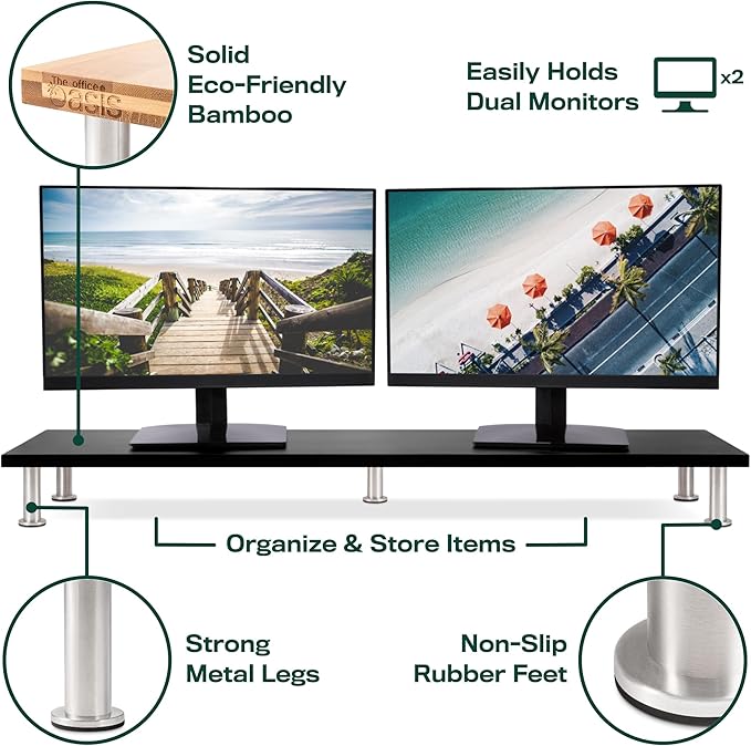 The Original Bamboo Dual Monitor Stand (As Seen On PBS) - 42 Inch Large Monitor Riser for Computer Screens, Laptop or TV - Desk Shelf Adds Storage Space and Improves Ergonomics - Black