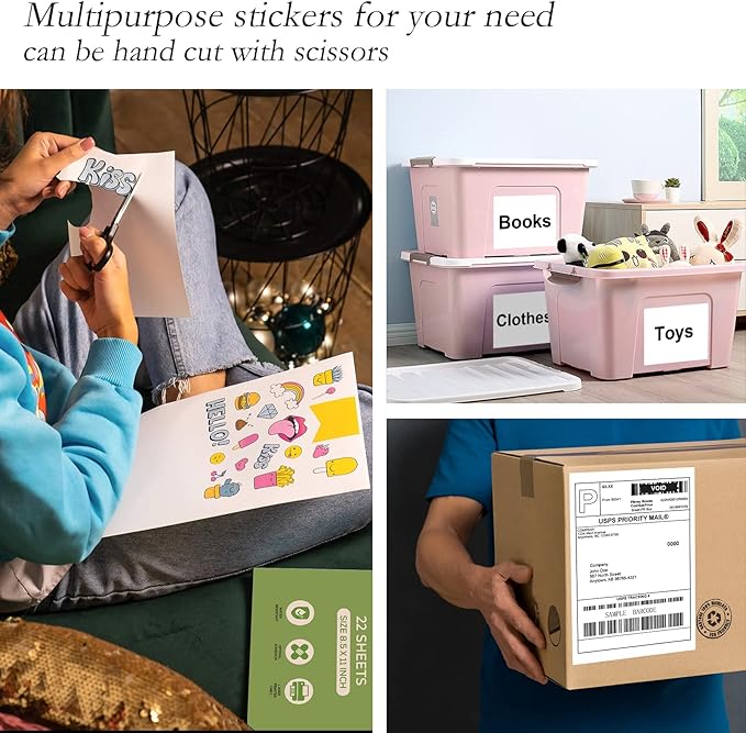 100 Full Sheets Sticker Paper for Laser & Ink Jet Printers, 8.5" x 11" Full Sheet Address Shipping Label, 100 Sheets 100 Labels