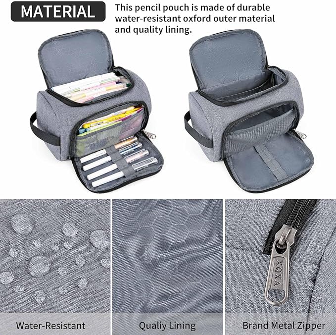 XQXA Large Capacity Pencil Case Organizer, Multifunctional Extra Big Pencil Pouch with Compartmens, Travel Simple Stationery Pen Bag, Fabric Pencil Bag for Men Women Girl Boy (Grey)