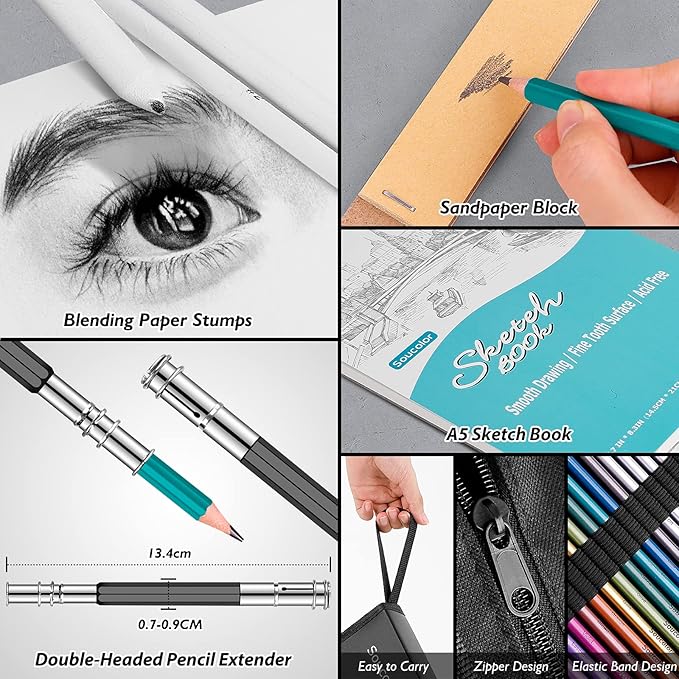 Soucolor 73 Pack Art Supplies Sketching Kit for Adults Kids Teen Gifts, School Supplies, Drawing Sketching Pencils with Sketchbook, Coloring Book, Colored Watercolor Metallic Graphite Charcoal Pencils