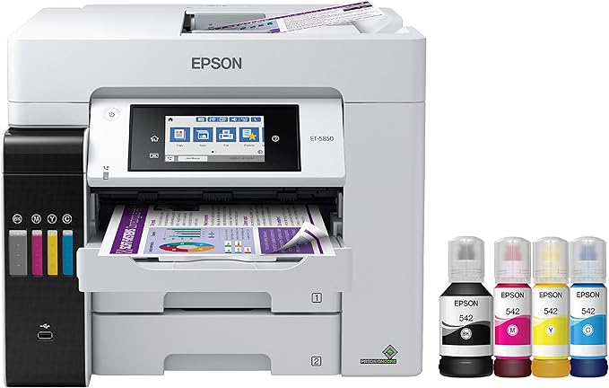 Epson EcoTank Pro ET-5850 Wireless Color All-in-One Supertank Printer with Scanner, Copier, Fax and Ethernet, White & EPSON T542 EcoTank Ink & EPSON T542 EcoTank Ink Ultra-high Capacity Bottle Black