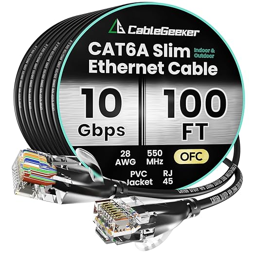CableGeeker CAT6A Slim Ethernet Cable 100FT, 10Gbps 550MHz High Speed Network by CableGeeker