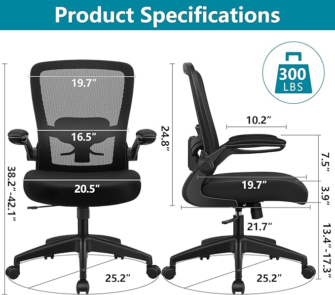 FelixKing Office Chair, Ergonomic Desk Chair Breathable Mesh Chairs with Adjustable High Back Lumbar Support Flip-up Armrests, Executive Swivel Comfy Task Computer Chairs for Home Office Black