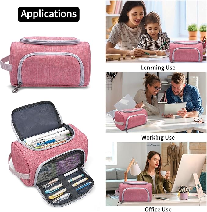 XQXA Extra Large Capacity Pencil Case Organizer, Multifunctional Pencil Pouch with Compartmens, Travel Simple Stationery Bag, Nylon Pencil Bag for Adults (Pink)