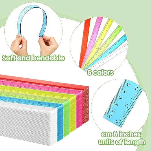 Fumete 600 Pack 12 Inch Plastic Rulers Bulk for Classroom Back to School Supplies Flexible Transparent Assorted Color Ruler with Centimeters and Inches for Office Teacher Student