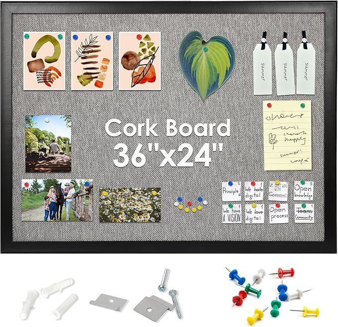 SHANTRA 36 x 24 Inch Bulletin Board with Grey Fabric, Wood Framed Canvas Cork Board, Corkboard for Walls with 10 Pins, Decorative Vision Board, Wall Mounted Notice Board for Home, Office, School