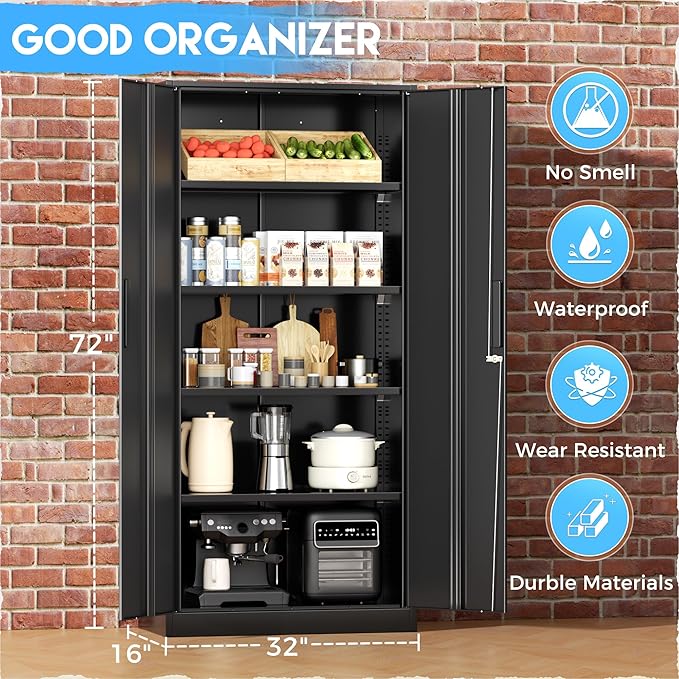 Greenvelly Metal Storage Cabinet with Lock, 72” Black Garage Storage Cabinet with Doors and Shelves, Tall Lockable File &Tool Cabinet for Home Office, Metal Classroom Cabinet Basement