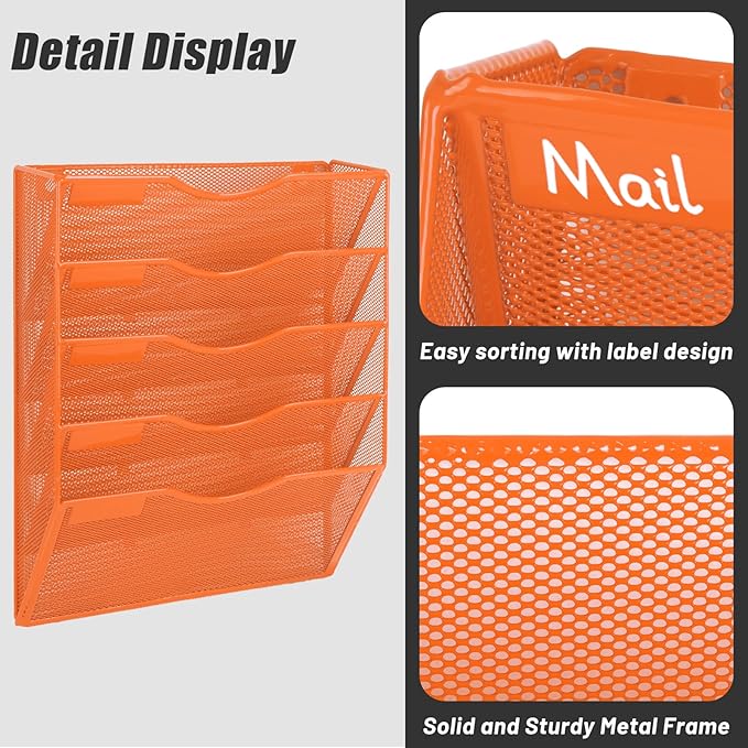 EASEPRES 5 Pocket Mesh Hanging Wall File Organizer, Wall Mounted Mail Paper Document Folder Holder, Clipboard Storage Organization Magazine Rack with Nametag Label for Office Home School, Orange