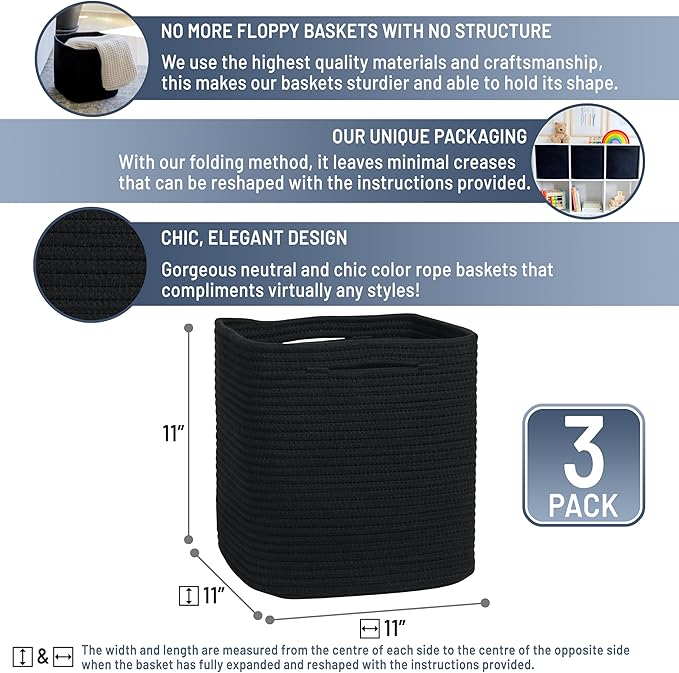 NaturalCozy Storage Cubes 11 Inch Cotton Rope Woven Baskets for Organizing, 3-Pack | Cube Storage Bin | Square Storage Baskets for Shelves Organizer, Classroom, Kids Toy Bins, Closet, Baby Nursery