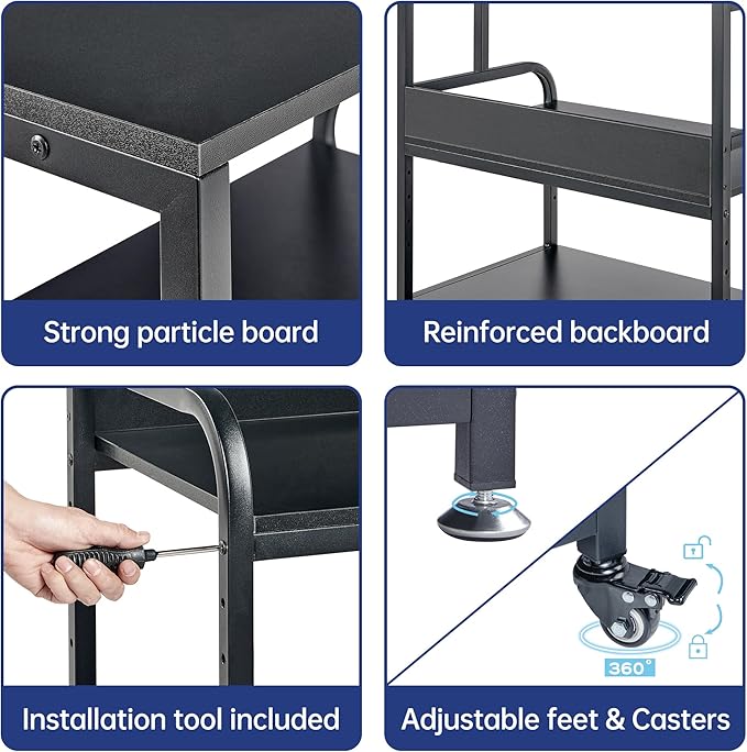 32.3" x 18.9" Extra Large Printer Stand Table with Adjustable Storage Shelf, 3 Tier Rolling Printer Cart with Industrial Wheels for Home Office, Black