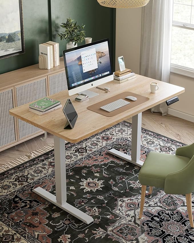 FEZIBO One-Piece Standing Desk Adjustable Height Stand up Home Office Desk, 55x24 Inch Electric Standing Computer Desk, with 4 Memory Presets, Fixable casters, Maple