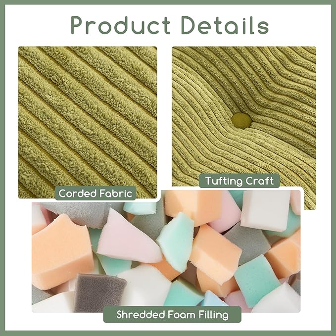 HIGOGOGO Square Stuffed Pouf Ottoman, Corduroy Poufs with Foam Chunk Filling, Furry and Fluffy Pouf Foot Stool Storage Ottoman, 21 X 21 Floor Poufs Foot Rest for Living Room, Green