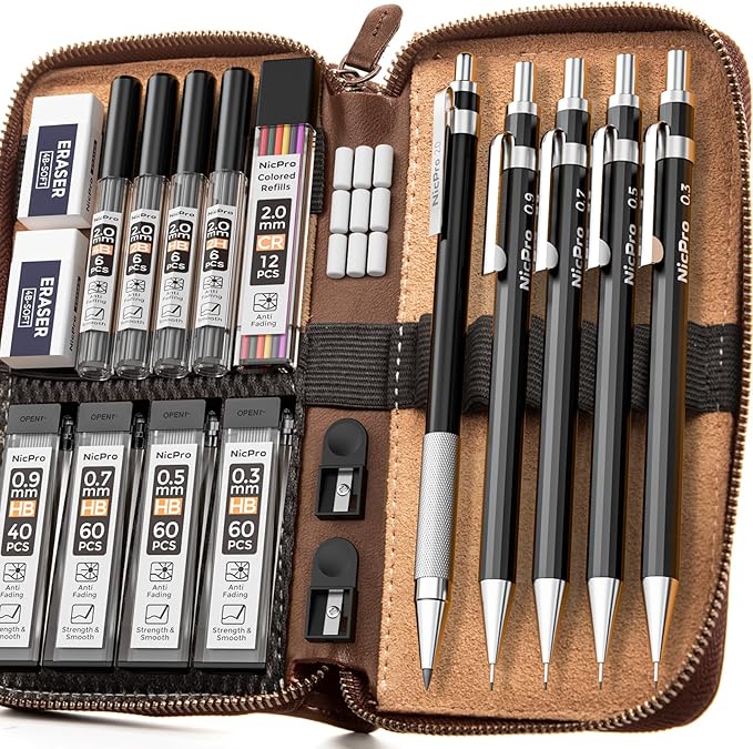 Nicpro 20PCS Black Metal Mechanical Pencil Set in Leather Case, 0.3, 0.5, 0.7, 0.9 mm & 2mm Lead Pencil Holders, (4B 2B HB 2H) Lead Refills (Black & Colors), Erasers For Art Drafting Sketching Drawing