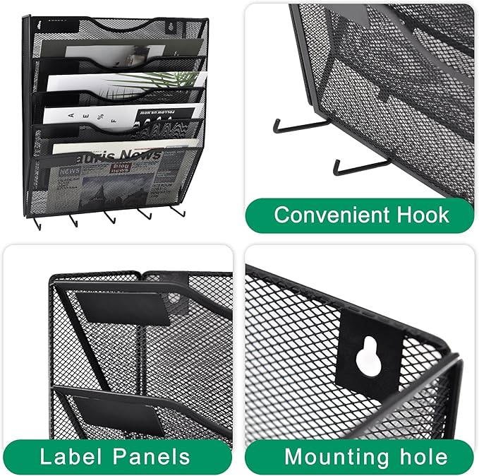 EASEPRES 5 Pocket Mesh Hanging File Organizer with Key Holder Hooks & Nametag Label, Wall Mounted Mail Paper Document Folder Storage Organization Magazine Rack for Office Cubicle, 5 Tier Black
