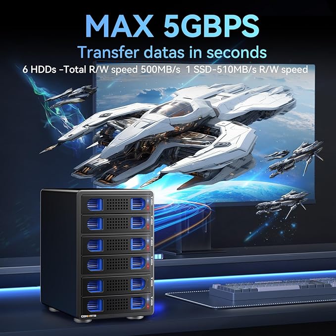 6 Bay Hard Drive Enclosure with Cooling Fan for 2.5“/3.5" SATA HDD/SSD with USB A/C 3.0, Support Hot Swappable, Daisy Chain Expansion, Tool-Free HDD Enclosure, DAS(NO RAID/NAS)