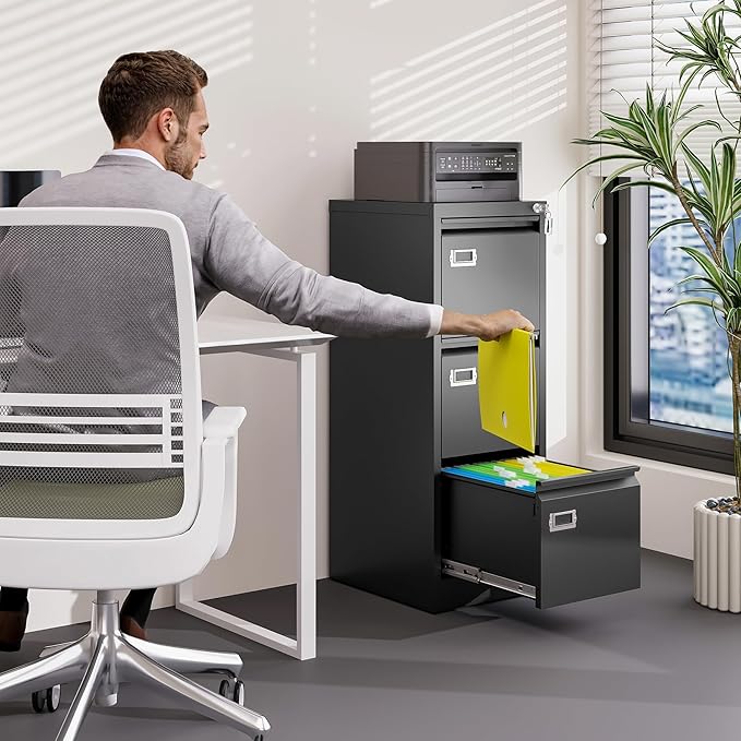 3 Drawer File Cabinet with Lock Metal Vertical File Cabinet Office Home Narrow File Cabinet for A4 Legal/Letter Size,Assembly Required (Black, 3 Drawers-Vertical)