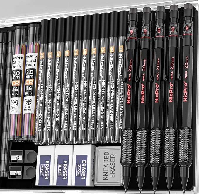 Nicpro 5 Pack 2mm Mechanical Pencils Set with Case, 65 Graphite Lead Refills (6B 4B 2B HB 2H 4H), 72 Colored Lead, Erasers -Weatherproof Metal Barrel, Heavy Duty Carpenter Pencil For Drawing Sketching