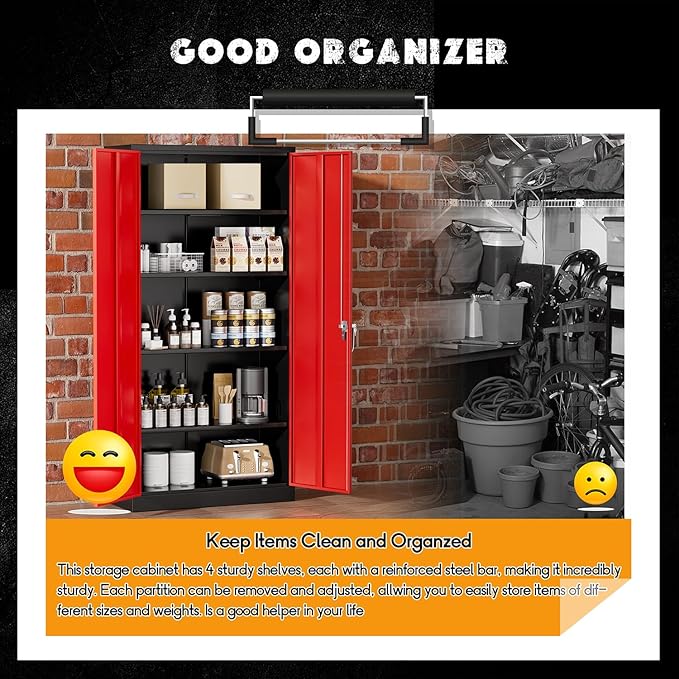 Greenvelly Metal Garage Storage Cabinet with Lock, 72" Metal Storage Cabinet with 2Doors and 4Adjustable Shelves, for Home Office, School,Gym (Black&Red)