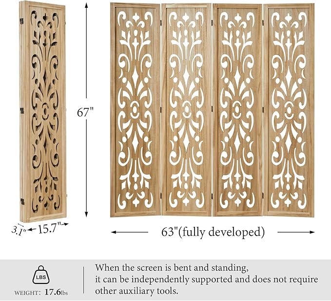 5.6Ft Room Divider Folding Wood Classical Carved Partition Screen for Home Office Garden - 4 Panels (Natural)
