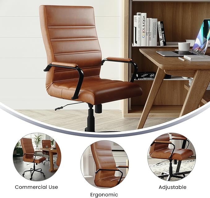 Flash Furniture Whitney High-Back Swivel LeatherSoft Desk Chair with Padded Seat and Armrests, Adjustable Height Padded LeatherSoft Office Chair, Brown/Black Gold