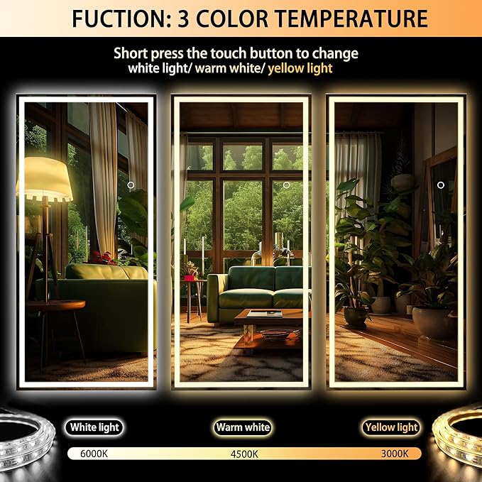 Hasipu Full Length Mirror with Lights, 95" x 40" LED Lighted Floor Standing Mirror, Full Body Dressing Hanging Mounted Mirrors, Dimmable, Tempered Glass, Safe to Use, Square Black