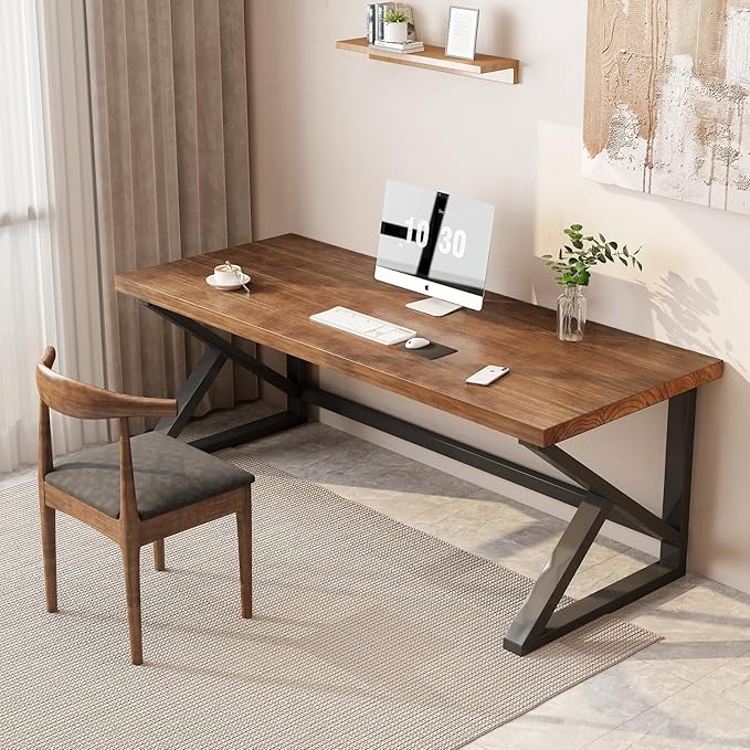 Solid Wood Computer Desk,Rustic Style 55-inch Large Office Desk- Modern Gaming Working for Home Office, Modern Simple Design, Ideal for Study, Writing, Dining