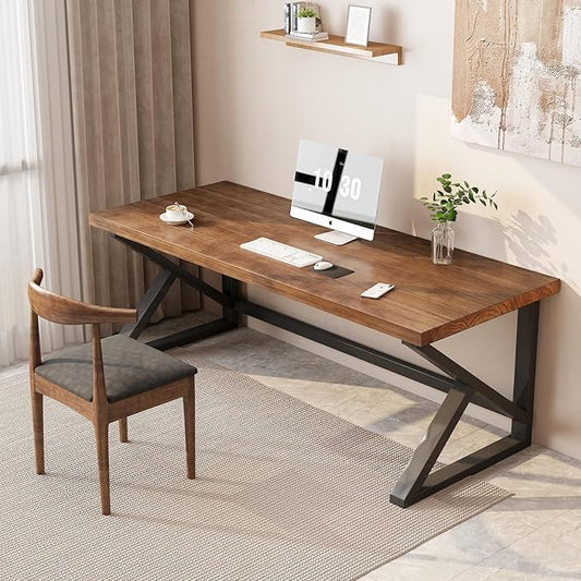 Solid Wood Computer Desk,Rustic Style 55-inch Large Office Desk- Modern Gaming Working for Home Office, Modern Simple Design, Ideal for Study, Writing, Dining