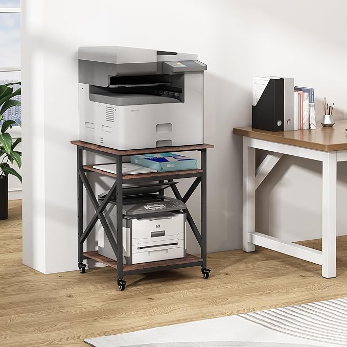 23.6 x 23.6 Inches Large Printer Stand, 3 Tier Square Printer Table with Height Adjustable Storage Shelf, Rolling Printer Cart with Industrial Wheels for Home Office - Rustic Brown