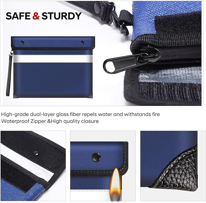 Fireproof Money Bag for Cash 11"x7.7",Upgraded 5200℉ Insulated Water Fire Proof Pouch with Water-resistant Zipper,Fireproof Envelopes for Important Documents,Valuables (Blue)