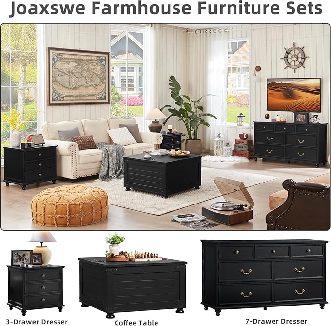 24" Wide Farmhouse Night Stand Set of 2,Large End Table with 3 Drawers & Metal Handle,Wood Dresser for Bedroom Cabinet, Bed Side Table Chest of Drawers,Nightstand for Living Room,Closet,Black