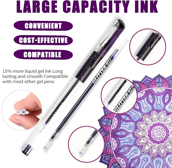 Purple Gel Pens for Coloring Book,36 Color Gel Pens Set including 12 Color Gel Pen with 24 Refills,40% More Ink Colored Gel Pens for Drawing, Doodling, Scrapbook, Journaling