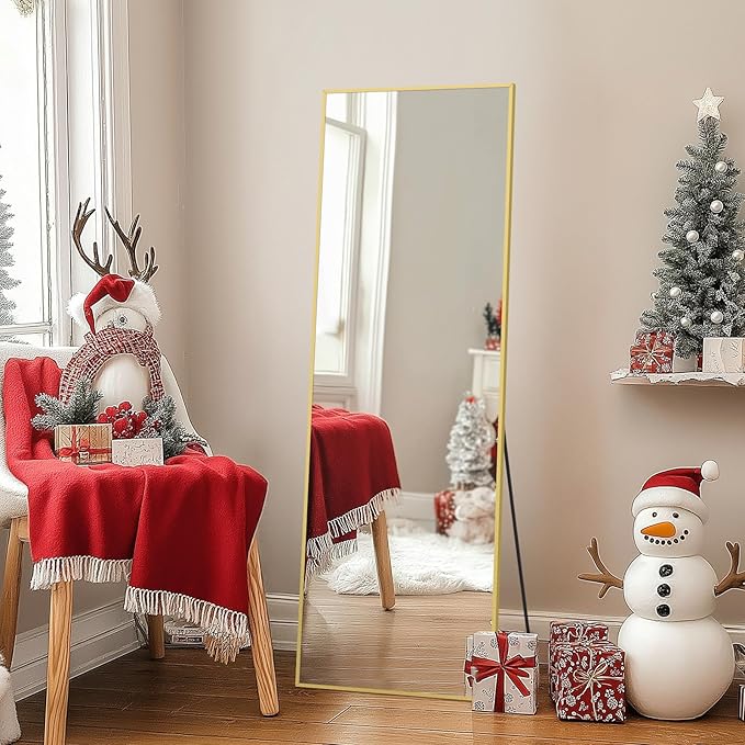 Full Length Mirror, 56"x18" Gold Floor Mirror with Stand, Rectangle Standing Mirror for Living Room Bedroom Cloakroom Gym, Thin Aluminum Frame, Tempered Glass