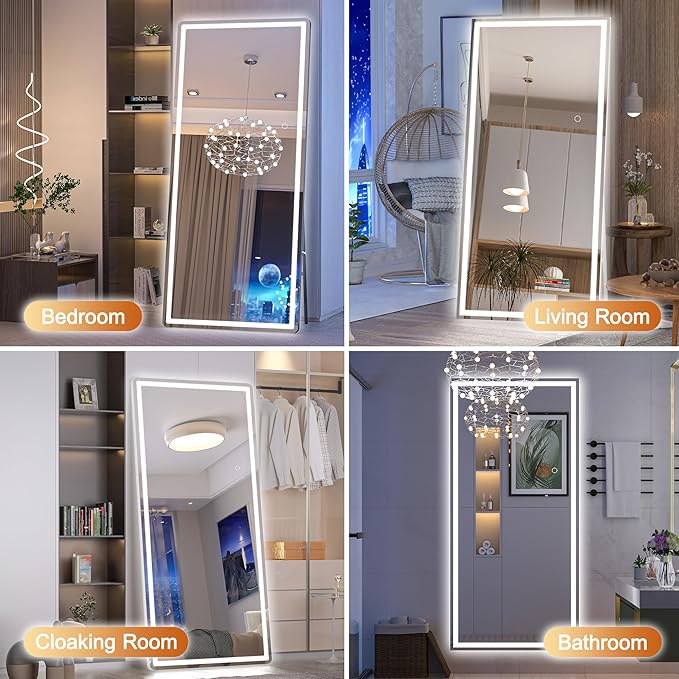Hasipu Full Length Mirror with Lights, 71" x 24" LED Lighted Floor Standing, Full Body Dressing Hanging Mounted Mirror, Dimmable, Tempered Glass, Safe to Use, Square White