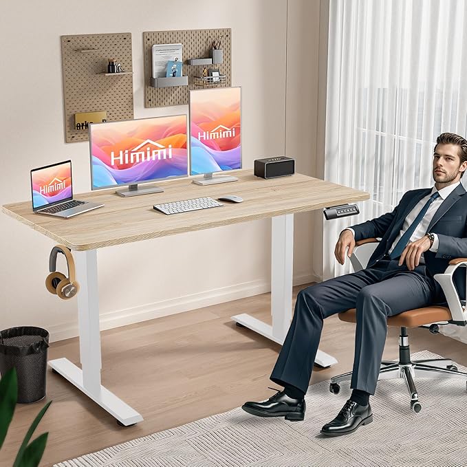 Himimi Electric Standing Desk 48 x 24 inch for Home Office,Sit-Stand Adjustable Desk with Memory Presets,Height Adjustable Desk for Gaming/Working,Free Hook, Lockable Wheels,Oak