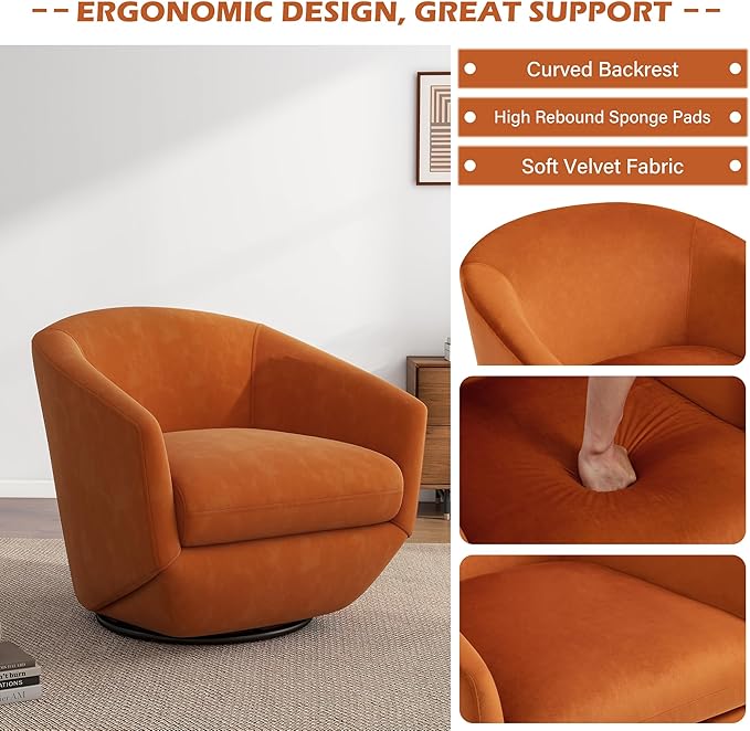 UIXE 360° Swivel Barrel Accent Chair, Velvet Upholstered Club Armchair for Living Room, Modern Round Arm Chair Single Sofa Bedroom Reading Seating (Orange)