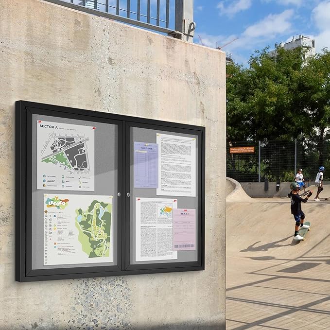 SWANCROWN Enclosed Bulletin Board 48x36in, Outdoor Bulletin Board Weatherproof for Office School Commerce, Grey Felt, Black Aluminum Frame