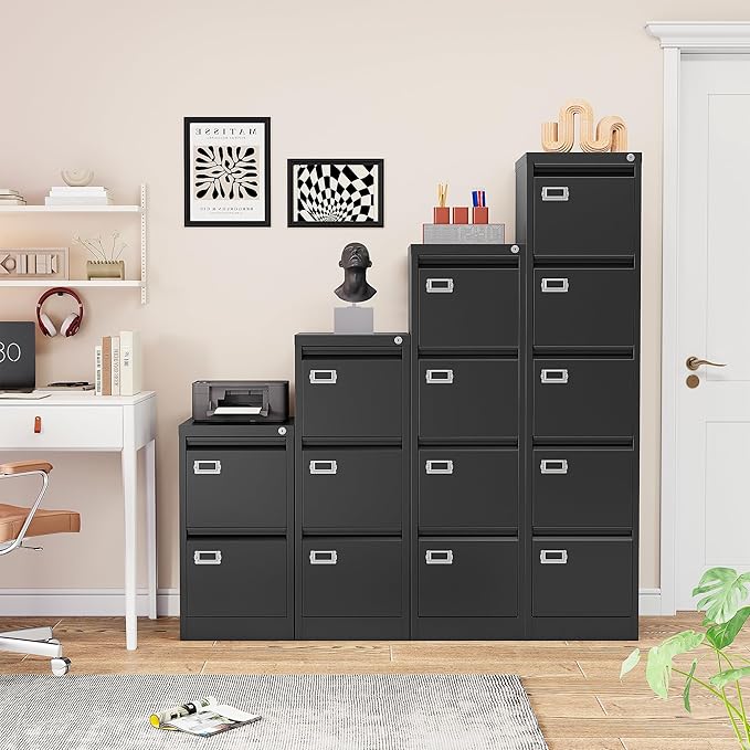 SISESOL 5 Drawer File Cabinet with Lock,15" Narrow Vertical File Cabinet Five drawer,Tall Office Filing Cabinets,Black Metal Filing Cabinets for Home Office,Fit A4,Legal,Letter Size,-Assembly Required