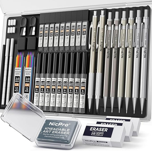 Nicpro 37PCS Art Mechanical Pencil Set, Metal Drafting Pencils 0.5 mm, 0.7 mm, 0.9 mm & 2mm Lead Pencil Holder (6B 4B 2B HB 2H 4H Colors) For Sketching Drawing With 20 Tube Lead Refills Eraser Case