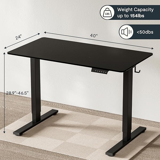 FLEXISPOT EN1 Whole-Piece Standing Desk 40 x 24 Inches Electric Height Adjustable Small Desk for Home Office (Black Frame + 40 in Black Top)